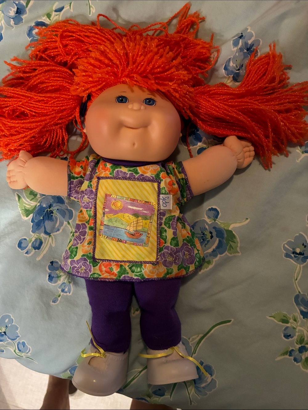 Cabbage Patch Doll with Bright Orange Yarn Hair and Colorful Outfit